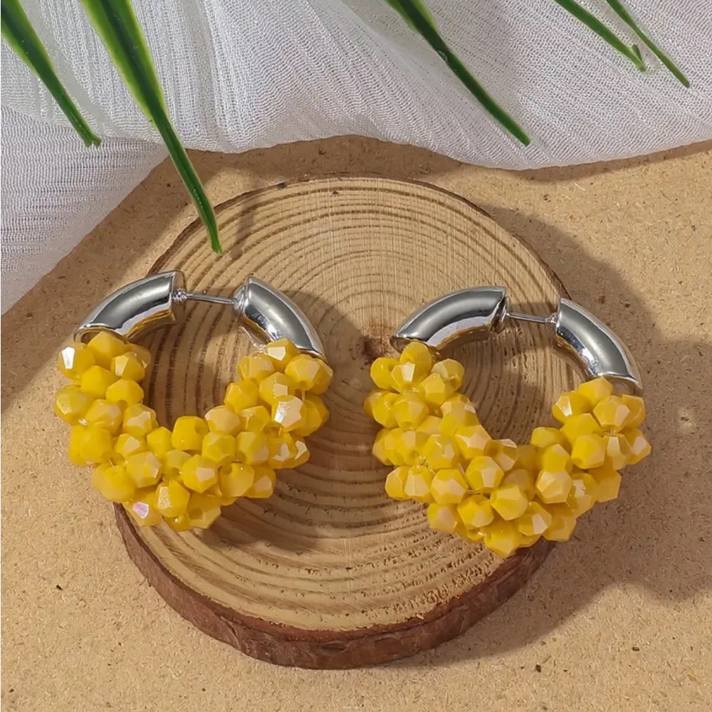 Yellow Bohemian Style Handcrafted Round Synthetic Crystal Hoop Earrings